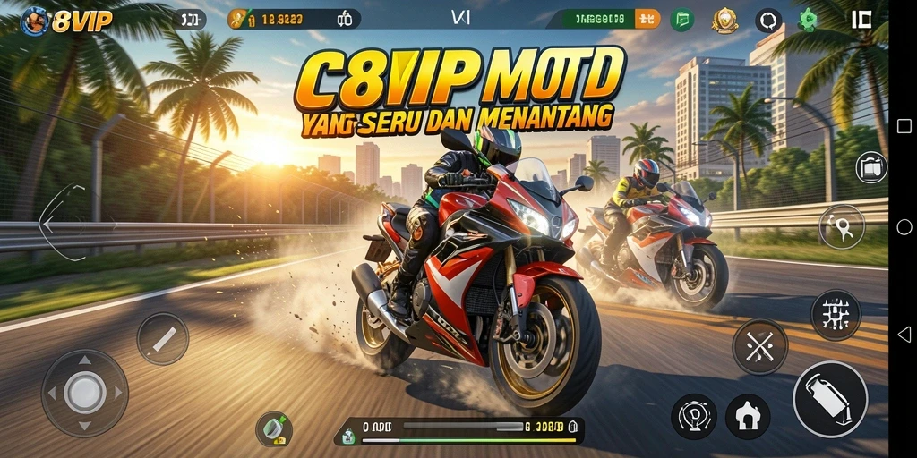 Screenshot C8VIP menunjukkan aksi balapan motor yang mendebarkan.