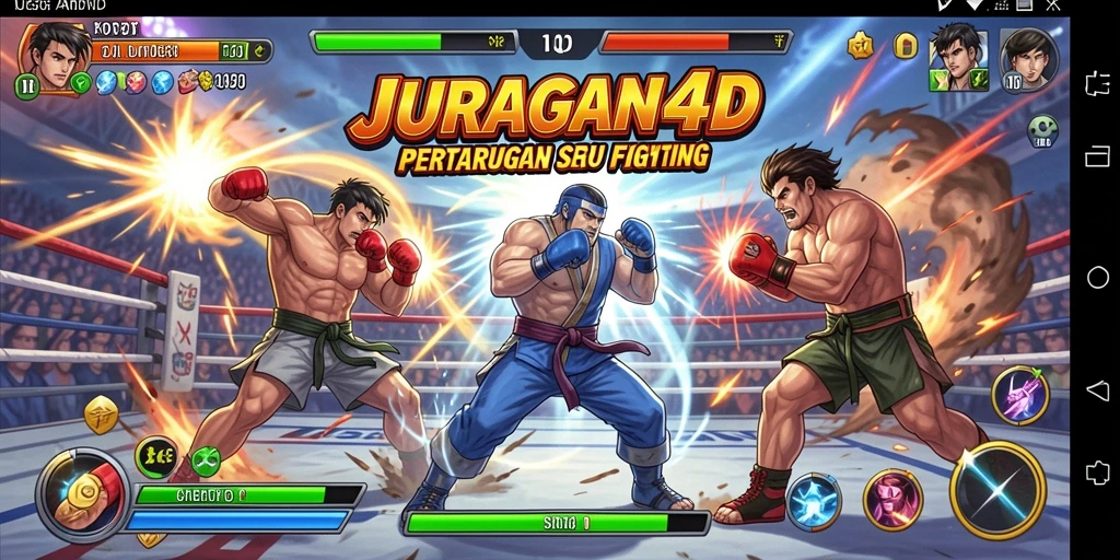 Screenshot utama JURAGAN4D menampilkan karakter bertarung dalam arena yang dramatis.