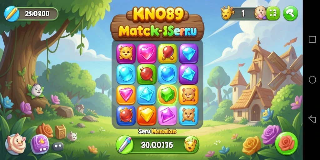 Tampilan gameplay KNO89 dengan objek colorful dalam permainan Match-3.