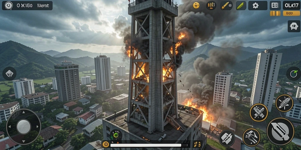 Screenshot gameplay OLX17 menampilkan aksi Tower Defense yang dramatis.