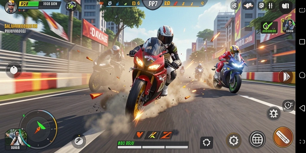 Screenshot gameplay PP7 menampilkan balapan motor yang seru dan mendebarkan.