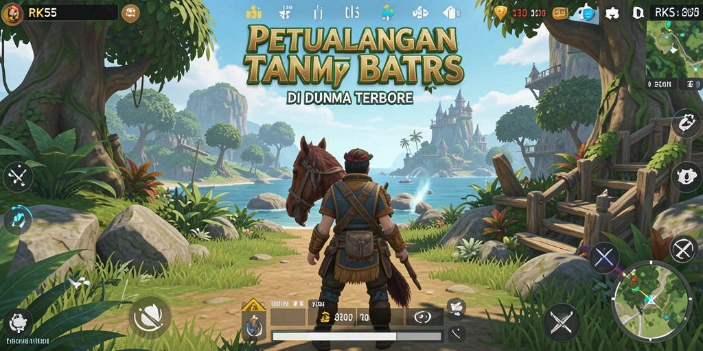 Tangkapan layar gameplay RK55 yang menunjukkan petualangan di dunia terbuka.