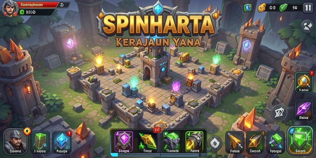 Gameplay SPINHARTA menampilkan pertarungan strategis yang menegangkan dan menara yang beragam.