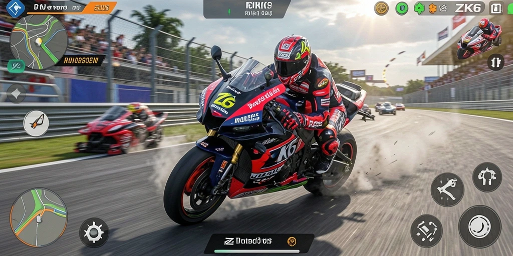 Screenshot gameplay ZK6 dengan balapan motor yang mendebarkan.